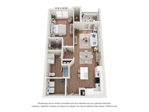 a stylized floor plan of a 1 bedroom floor plan